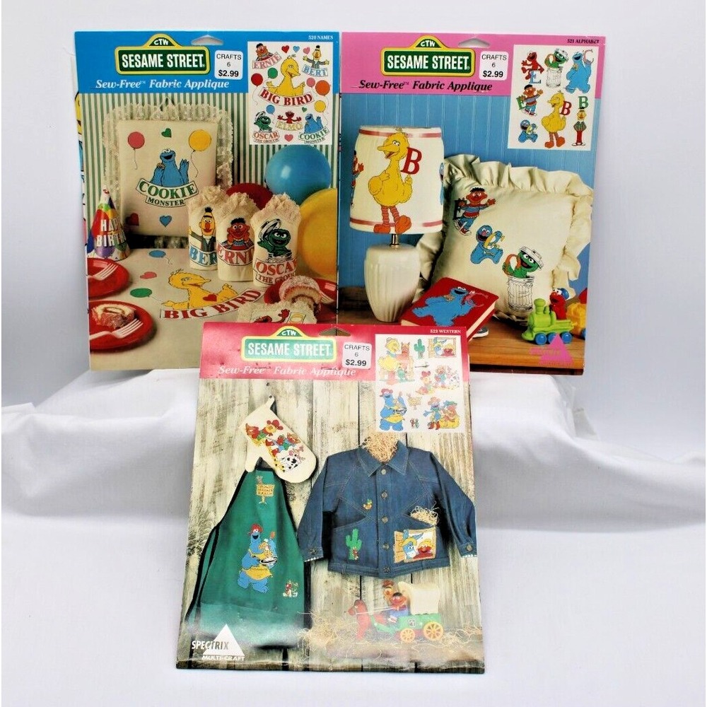 Vintage‎ Sesame Street Lot of 3 no-sew Appliques NOS Alphabet Names Western 1994